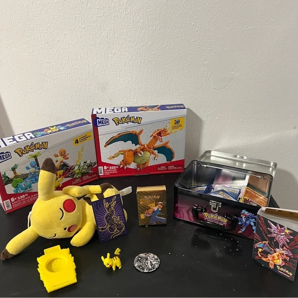 Mega Lego Charmander Pokemon Trading Card Set Pikachu Plush Etc., NWOT & EUC